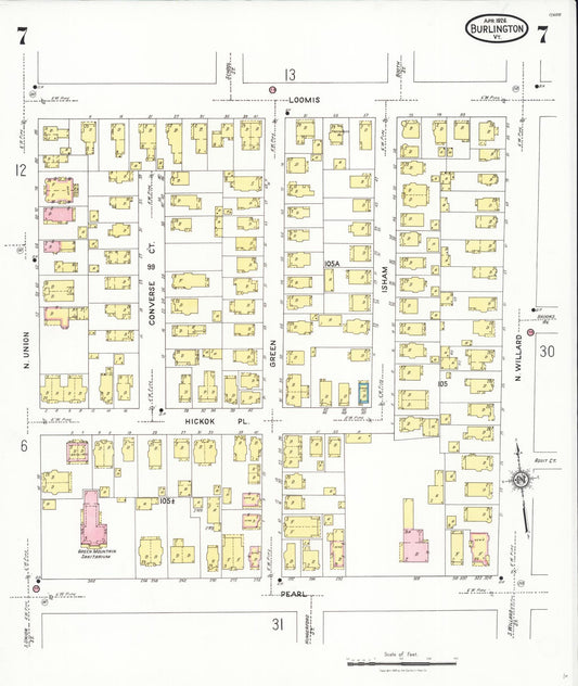 Sanborn Fire Insurance Map from Burlington, Chittenden County, Vermont (1926), Sheet #0007 - Historic Sanborn Fire Insurance Map Print, vintage old map wall art, antique decor, genealogy gift, Vermont Vermont map