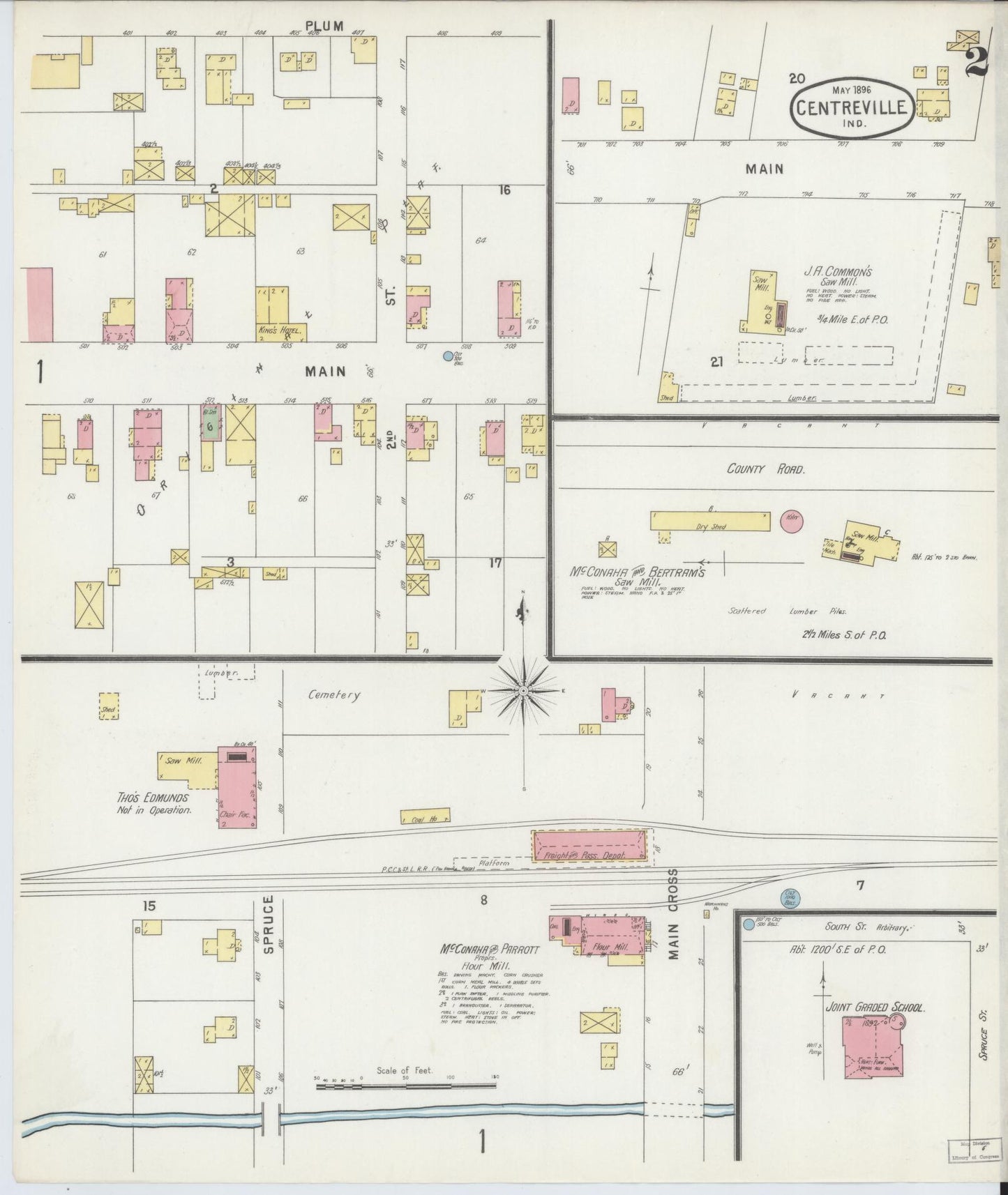 Sanborn Fire Insurance Map from Centerville, Wayne County, Indiana (1896), Sheet #0002 - Historic Sanborn Fire Insurance Map Print, vintage old map wall art, antique decor, genealogy gift, Indiana Indiana map