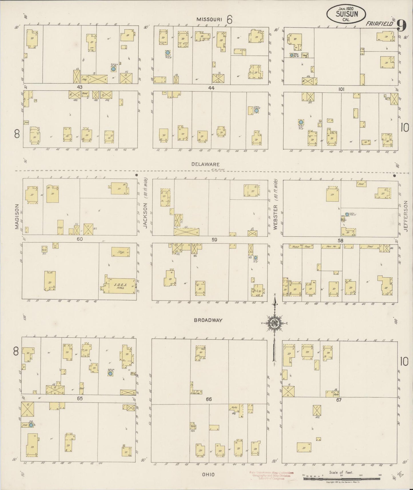 Sanborn Fire Insurance Map from Suisun, Solano County, California (1920), Sheet #0009 - Complete Map Set gallery image, historic Sanborn map, vintage wall art, California California