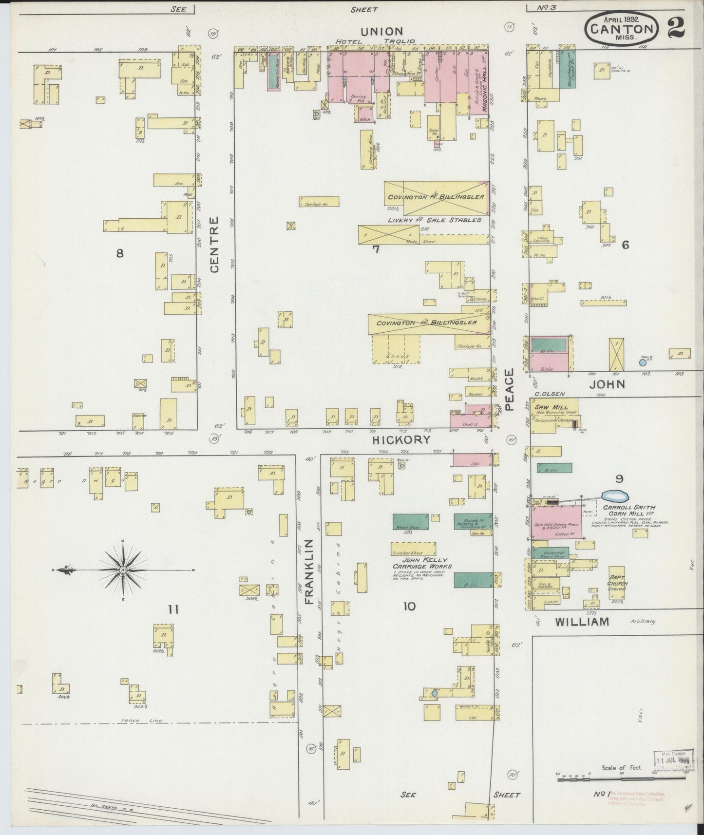 Sanborn Fire Insurance Map from Canton, Madison County, Mississippi (1892), Sheet #0002 - Complete Map Set gallery image, historic Sanborn map, vintage wall art, Mississippi Mississippi