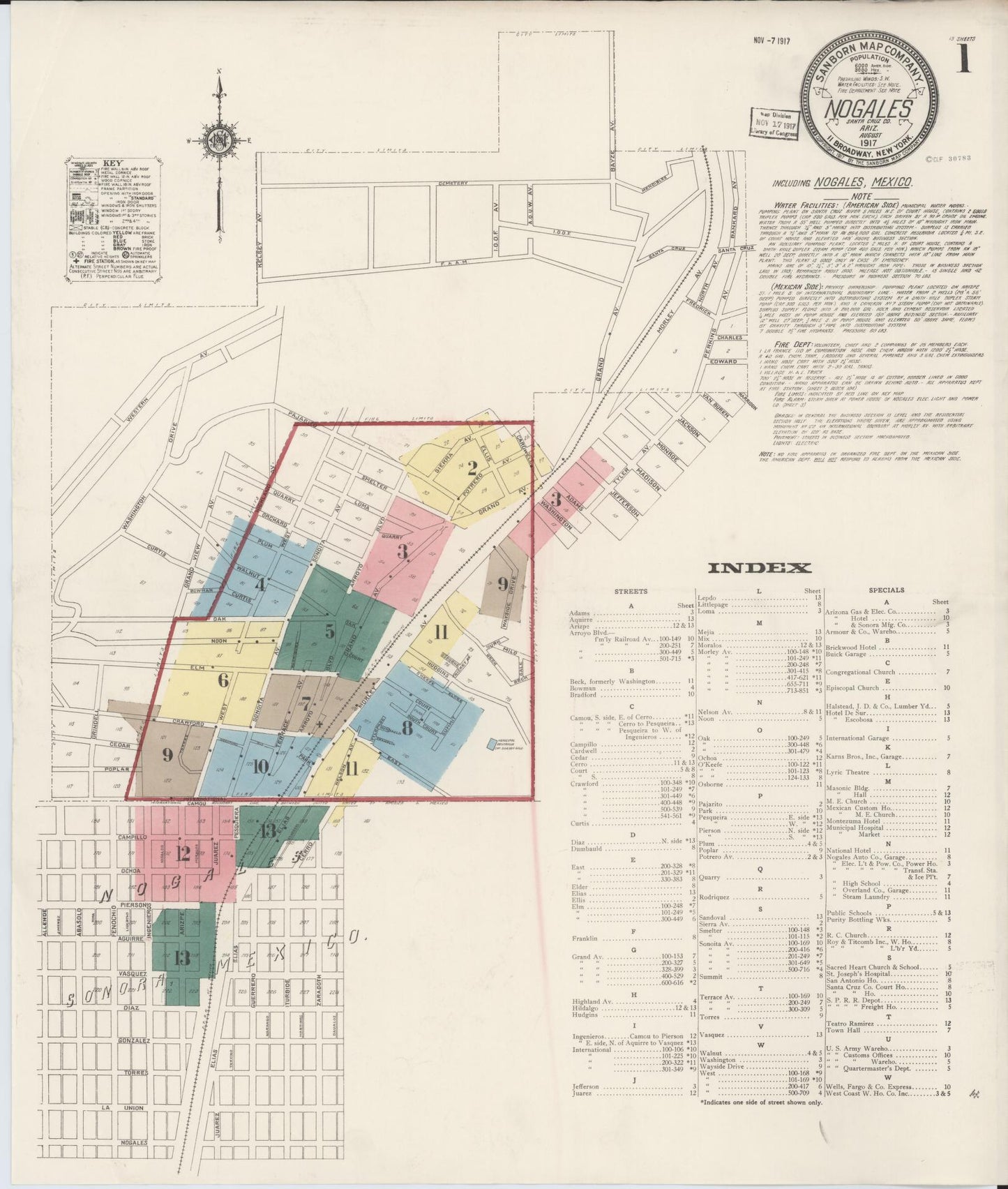 Sanborn Fire Insurance Map from Nogales, Santa Cruz County, Arizona (1917), Sheet #0001 - Complete Map Set gallery image, historic Sanborn map, vintage wall art, Arizona Arizona