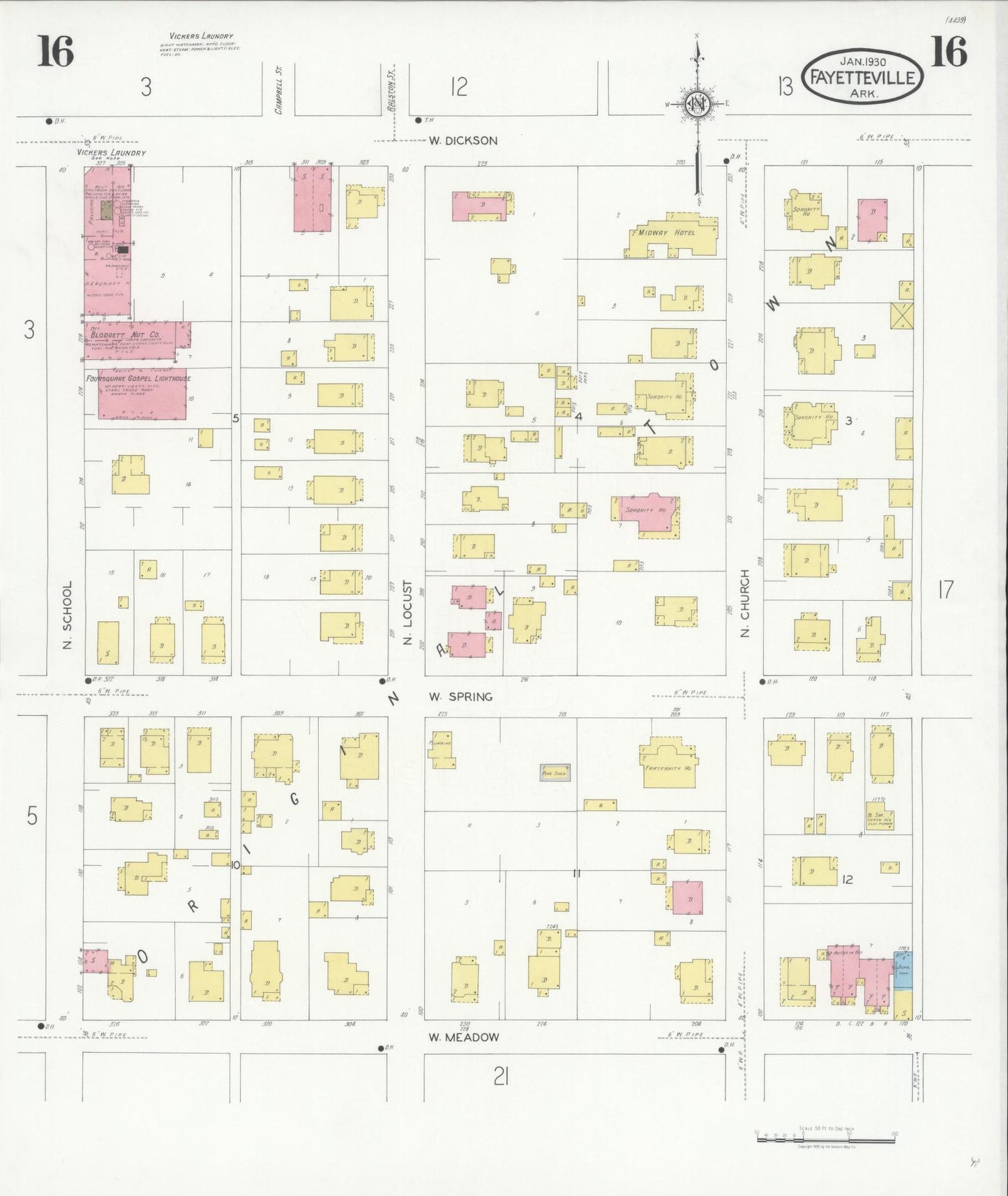 Sanborn Fire Insurance Map from Fayetteville, Washington County, Arkansas (1930), Sheet #0016 - Complete Map Set gallery image, historic Sanborn map, vintage wall art, Arkansas Arkansas