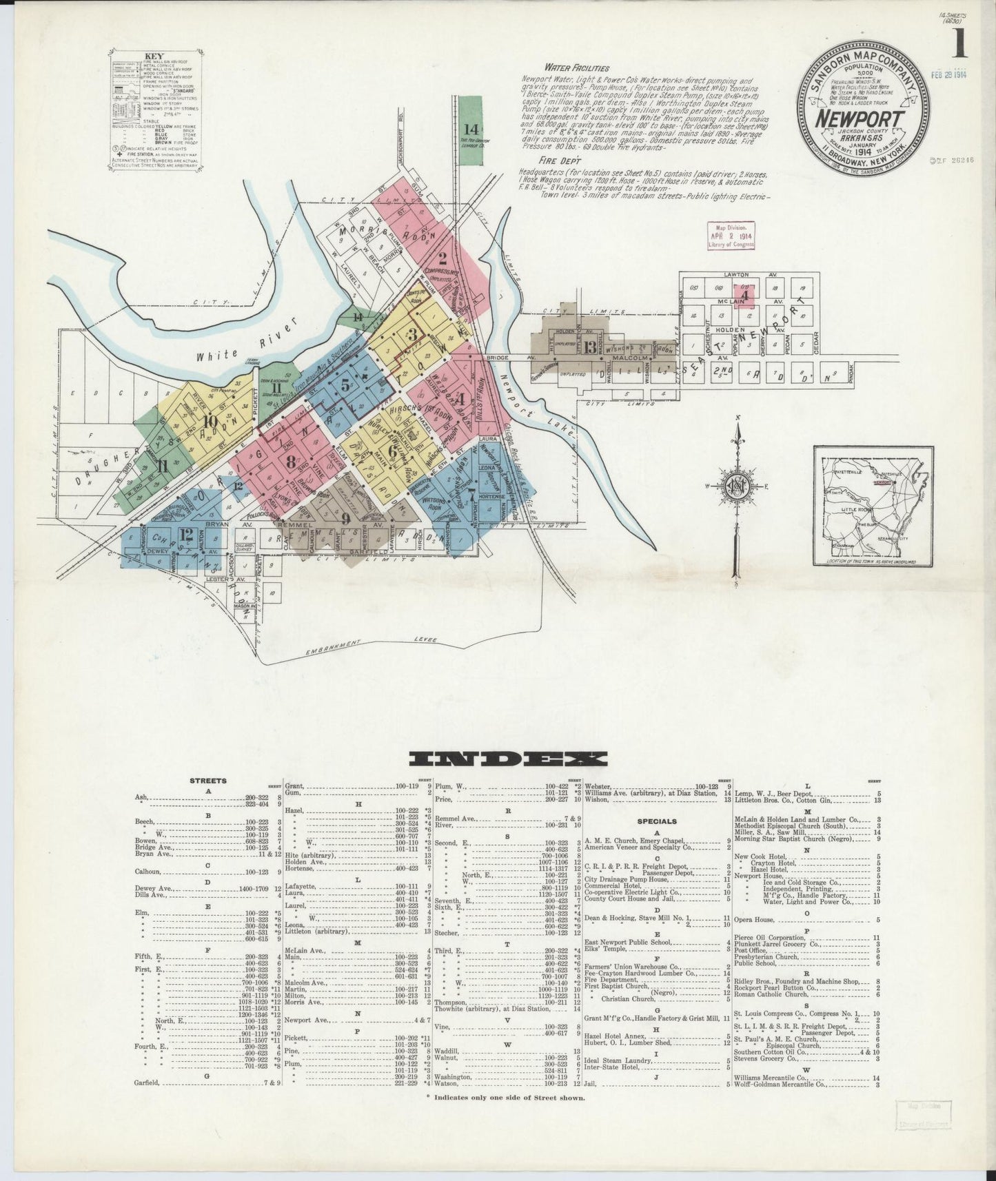 Sanborn Fire Insurance Map from Newport, Jackson County, Arkansas (1914), Sheet #0001 - Historic Sanborn Fire Insurance Map Print, vintage old map wall art, antique decor, genealogy gift, Arkansas Arkansas map