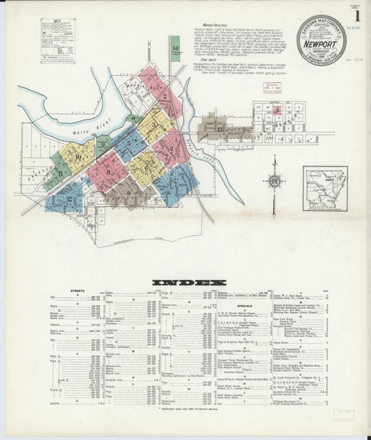 Sanborn Fire Insurance Map from Newport, Jackson County, Arkansas (1914), Sheet #0001 - Historic Sanborn Fire Insurance Map Print, vintage old map wall art, antique decor, genealogy gift, Arkansas Arkansas map