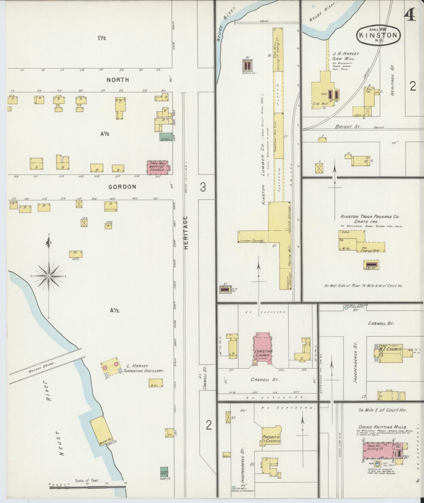 Sanborn Fire Insurance Map from Kinston, Lenoir County, North Carolina (1896), Sheet #0004 - Complete Map Set gallery image, historic Sanborn map, vintage wall art, North Carolina North Carolina