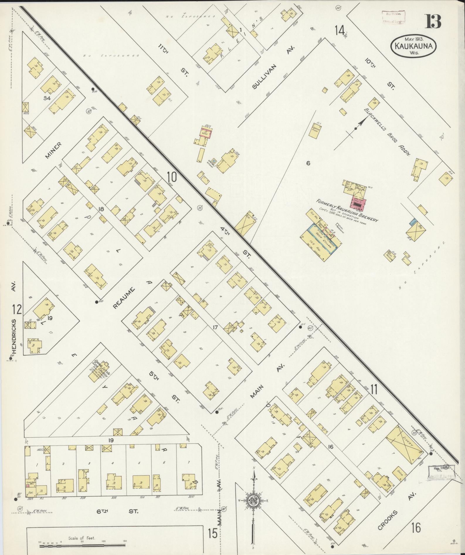 Sanborn Fire Insurance Map from Kaukauna, Outagamie County, Wisconsin (1913), Sheet #0013 - Historic Sanborn Fire Insurance Map Print, vintage old map wall art, antique decor, genealogy gift, Wisconsin Wisconsin map