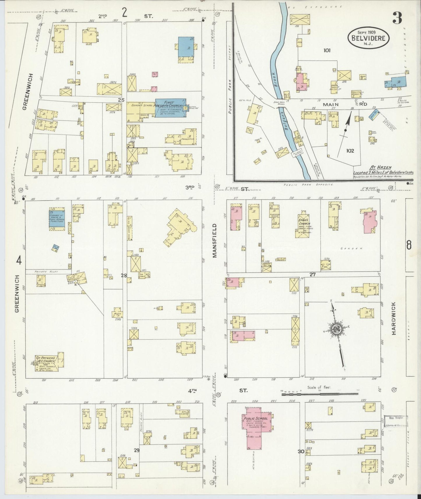 Sanborn Fire Insurance Map from Belvidere, Warren County, New Jersey (1909), Sheet #0003 - Historic Sanborn Fire Insurance Map Print, vintage old map wall art, antique decor, genealogy gift, Pennsylvania Pennsylvania map