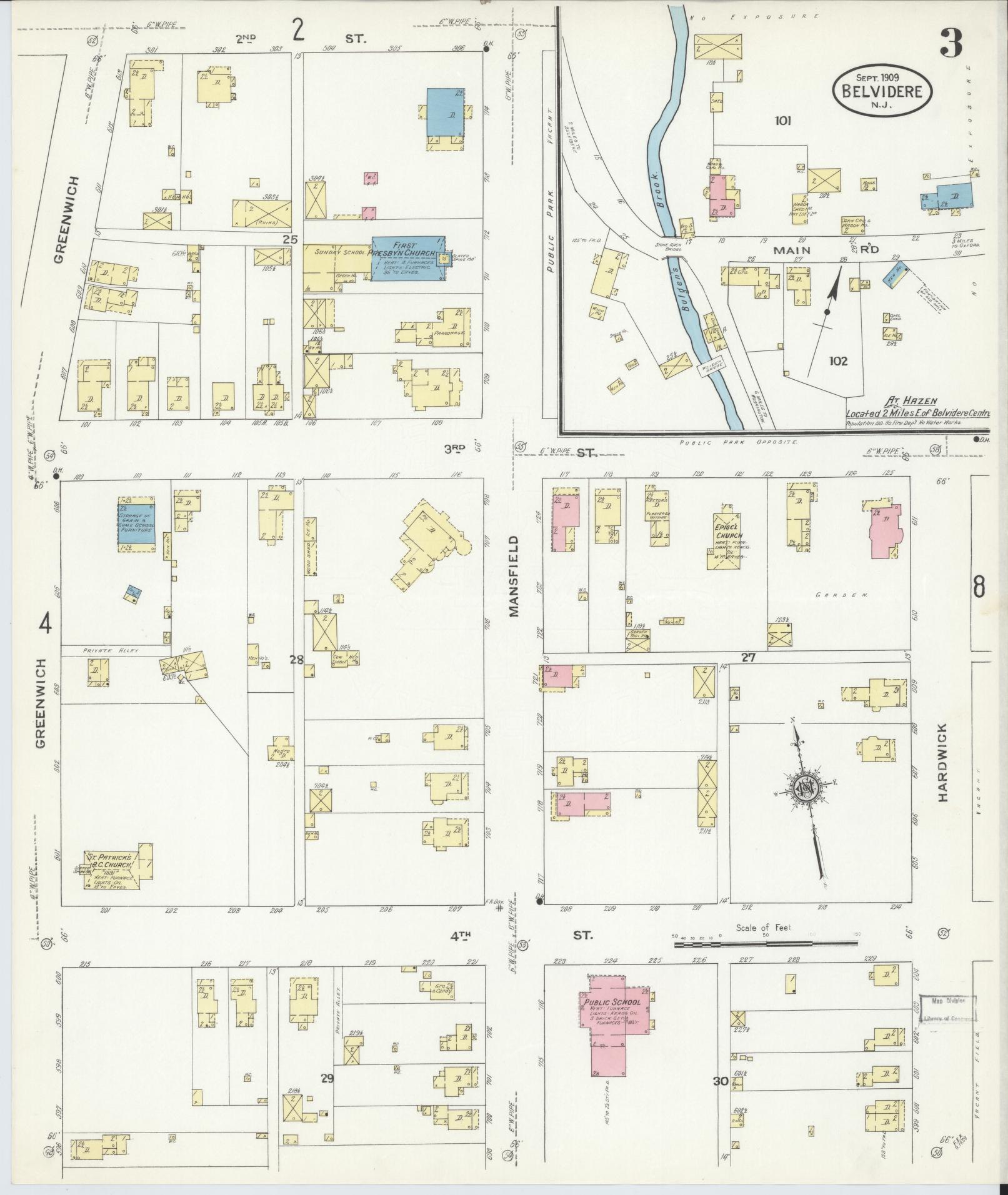 Sanborn Fire Insurance Map from Belvidere, Warren County, New Jersey (1909), Sheet #0003 - Historic Sanborn Fire Insurance Map Print, vintage old map wall art, antique decor, genealogy gift, Pennsylvania Pennsylvania map