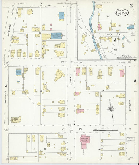 Sanborn Fire Insurance Map from Belvidere, Warren County, New Jersey (1909), Sheet #0003 - Historic Sanborn Fire Insurance Map Print, vintage old map wall art, antique decor, genealogy gift, Pennsylvania Pennsylvania map