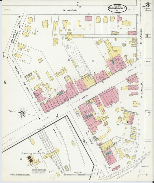 Sanborn Fire Insurance Map from Edwardsville, Madison County, Illinois (1909), Sheet #0008 - Historic Sanborn Fire Insurance Map Print, vintage old map wall art, antique decor, genealogy gift, Illinois Illinois map