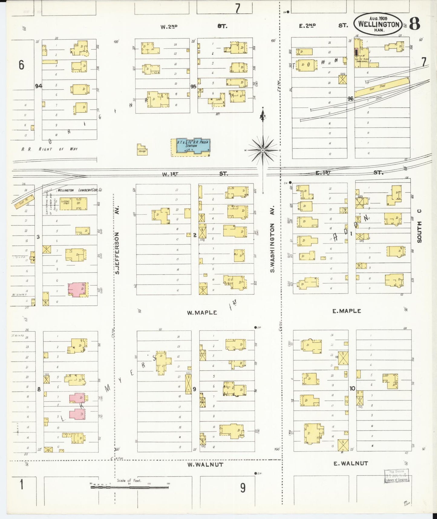 Sanborn Fire Insurance Map from Wellington, Sumner County, Kansas (1905), Sheet #0008 - Historic Sanborn Fire Insurance Map Print, vintage old map wall art, antique decor, genealogy gift, Kansas Kansas map