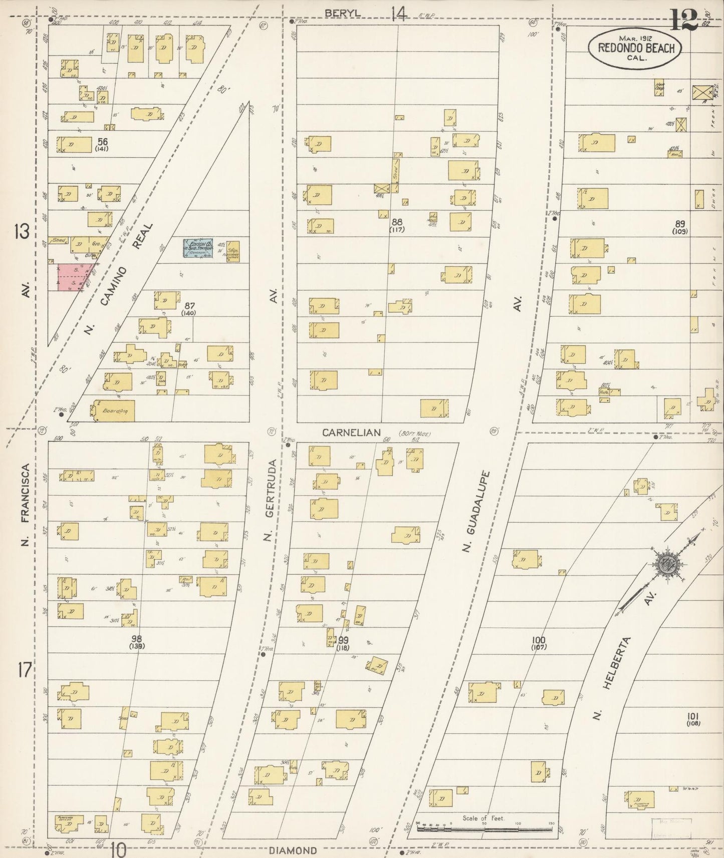 Sanborn Fire Insurance Map from Redondo Beach, Los Angeles County, California (1912), Sheet #0012 - Complete Map Set gallery image, historic Sanborn map, vintage wall art, California California