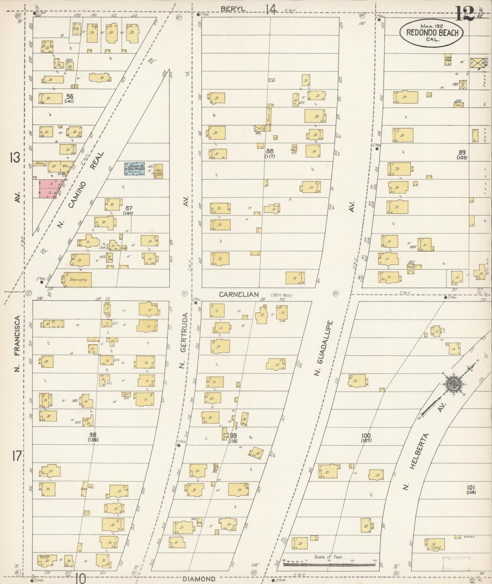 Sanborn Fire Insurance Map from Redondo Beach, Los Angeles County, California (1912), Sheet #0012 - Complete Map Set gallery image, historic Sanborn map, vintage wall art, California California
