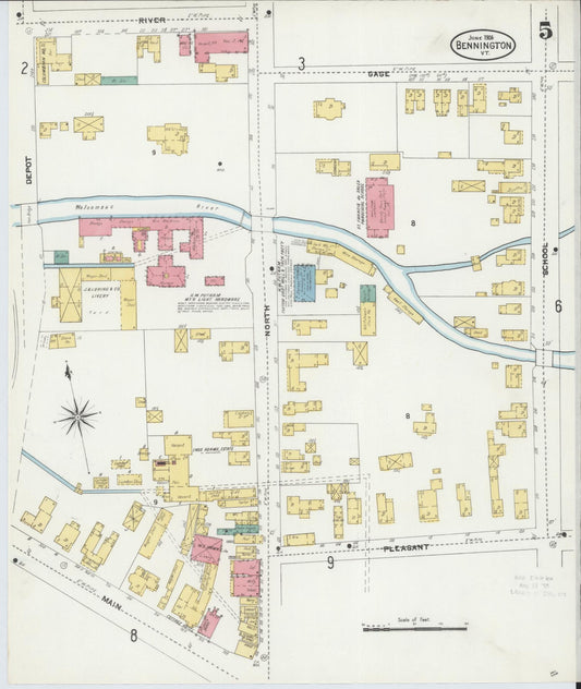 Sanborn Fire Insurance Map from Bennington, Bennington County, Vermont (1906), Sheet #0005 - Historic Sanborn Fire Insurance Map Print, vintage old map wall art, antique decor, genealogy gift, Vermont Vermont map