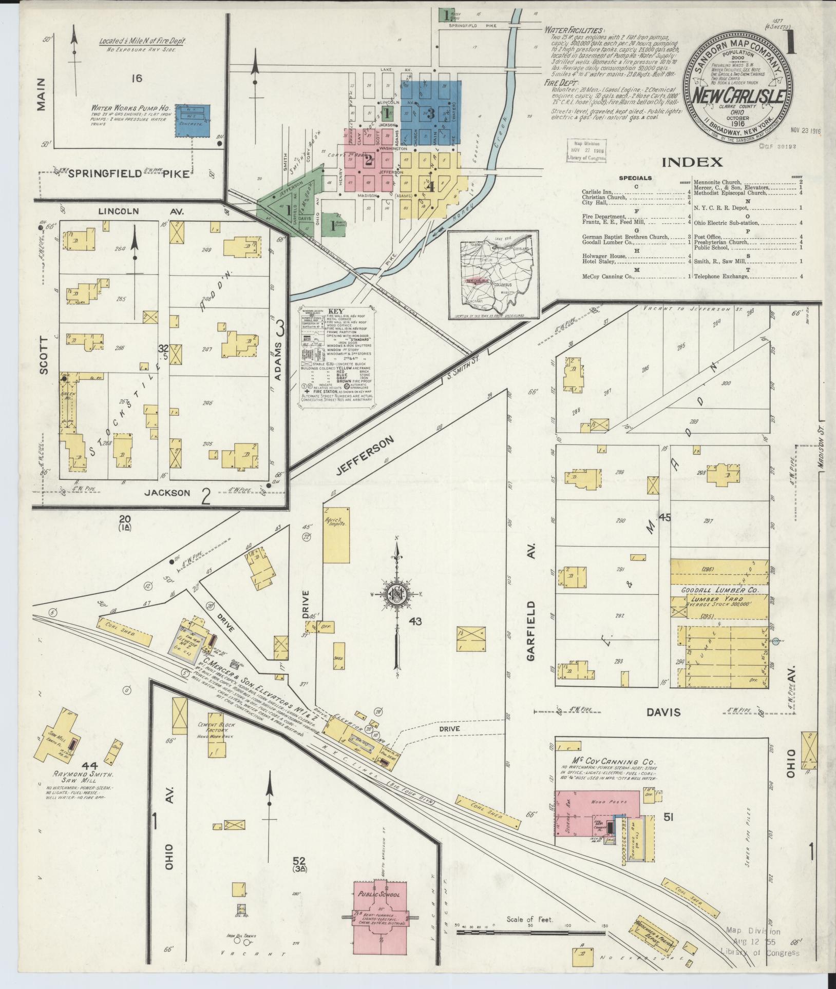 Sanborn Fire Insurance Map from New Carlisle, Clarke County, Ohio (1916), Sheet #0001 - Historic Sanborn Fire Insurance Map Print, vintage old map wall art, antique decor, genealogy gift, Ohio Ohio map