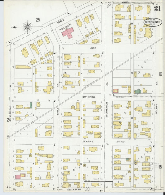 Sanborn Fire Insurance Map from Menominee, Menominee County, Michigan (1901), Sheet #0021 - Historic Sanborn Fire Insurance Map Print, vintage old map wall art, antique decor, genealogy gift, Michigan Michigan map