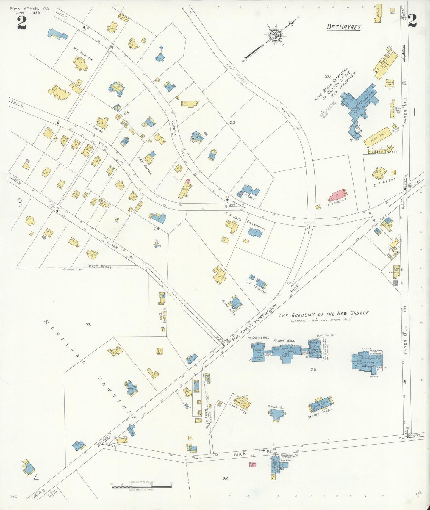 Sanborn Fire Insurance Map from Bryn Athyn, Montgomery County, Pennsylvania (1933), Sheet #0002 - Historic Sanborn Fire Insurance Map Print, vintage old map wall art, antique decor, genealogy gift, Pennsylvania Pennsylvania map