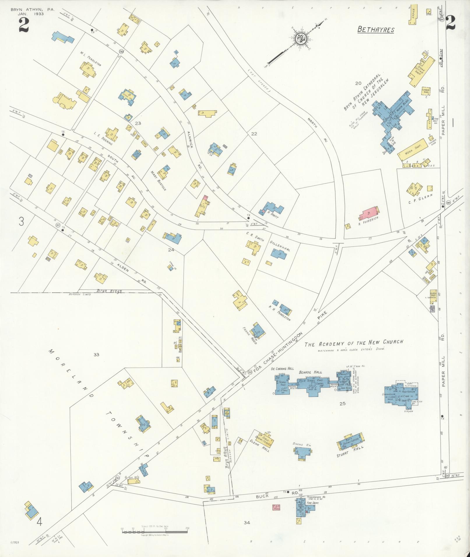 Sanborn Fire Insurance Map from Bryn Athyn, Montgomery County, Pennsylvania (1933), Sheet #0002 - Historic Sanborn Fire Insurance Map Print, vintage old map wall art, antique decor, genealogy gift, Pennsylvania Pennsylvania map