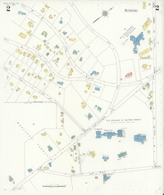 Sanborn Fire Insurance Map from Bryn Athyn, Montgomery County, Pennsylvania (1933), Sheet #0002 - Historic Sanborn Fire Insurance Map Print, vintage old map wall art, antique decor, genealogy gift, Pennsylvania Pennsylvania map