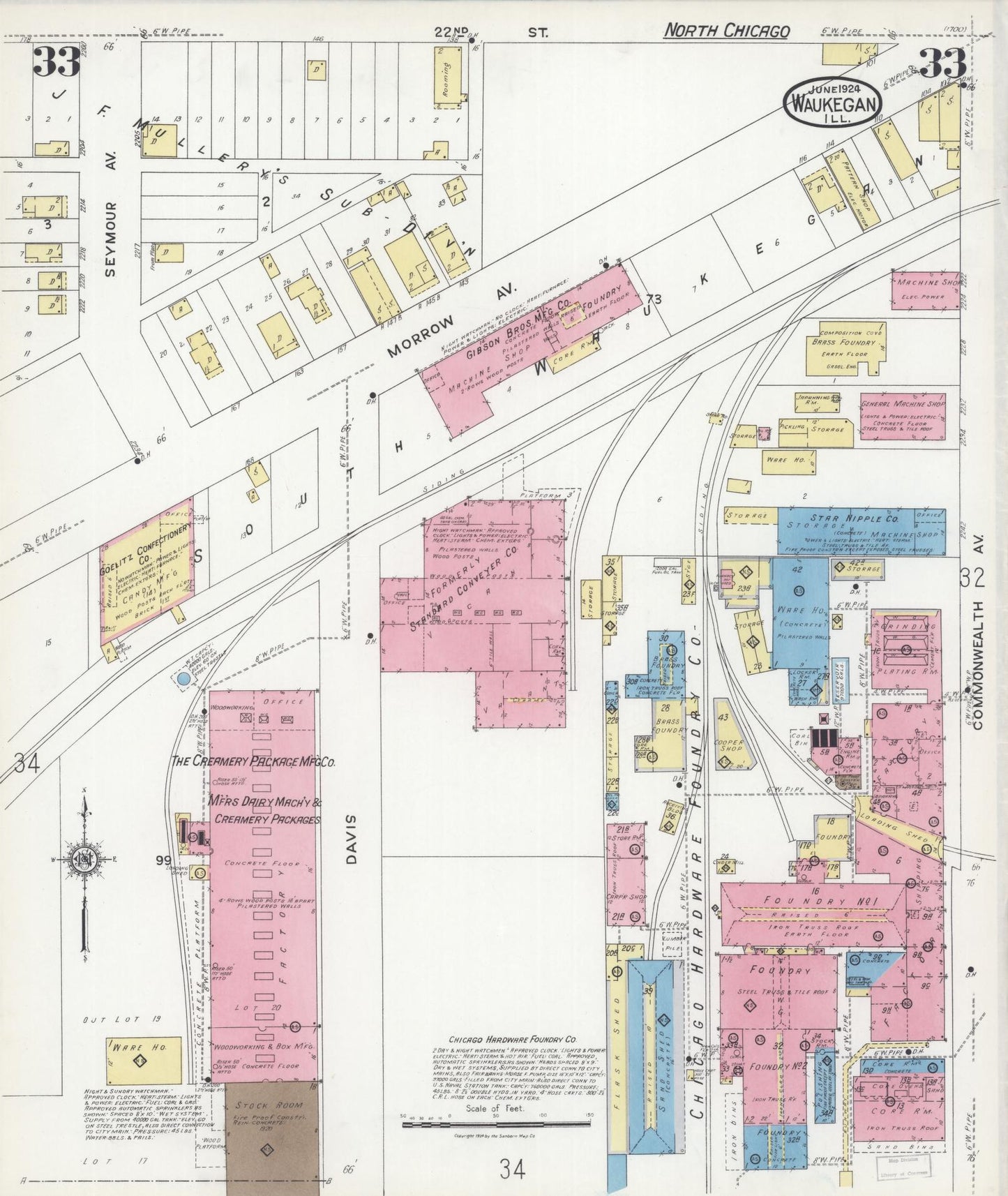 Sanborn Fire Insurance Map from Waukegan, Lake County, Illinois (1924), Sheet #0033 - Complete Map Set gallery image, historic Sanborn map, vintage wall art, Illinois Illinois