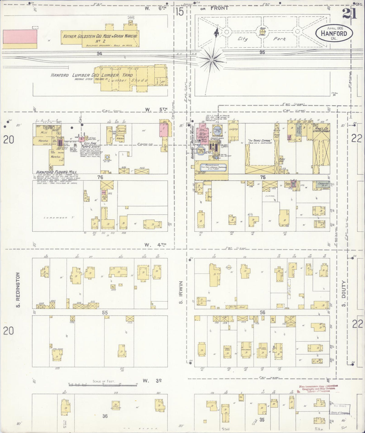 Sanborn Fire Insurance Map from Hanford, Kings County, California (1905), Sheet #0021 - Complete Map Set gallery image, historic Sanborn map, vintage wall art, California California