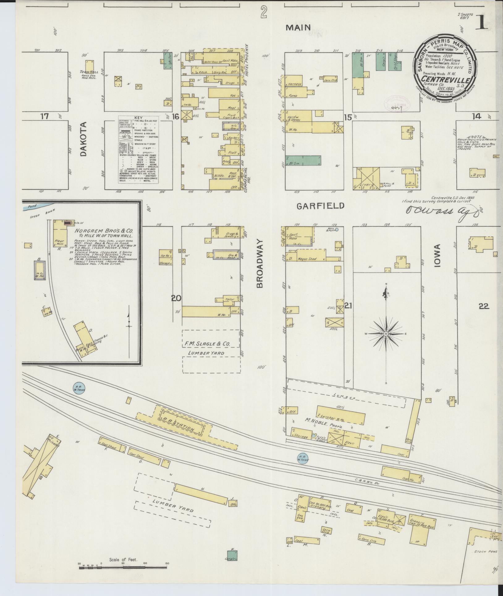 Sanborn Fire Insurance Map from Centerville, Turner County, South Dakota (1893), Sheet #0001 - Complete Map Set gallery image, historic Sanborn map, vintage wall art, South Dakota South Dakota