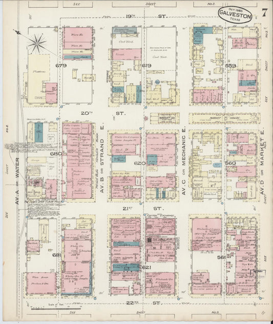 Sanborn Fire Insurance Map from Galveston, Galveston County, Texas (1885), Sheet #0007 - Historic Sanborn Fire Insurance Map Print, vintage old map wall art, antique decor, genealogy gift, Texas Texas map