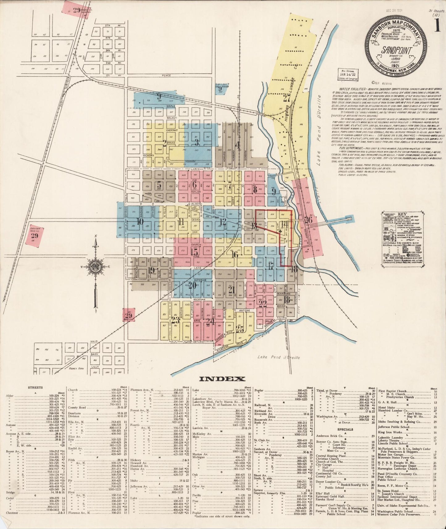 Sanborn Fire Insurance Map from Sandpoint, Bonner County, Idaho (1921), Sheet #0001 - Historic Sanborn Fire Insurance Map Print, vintage old map wall art, antique decor, genealogy gift, Idaho Idaho map