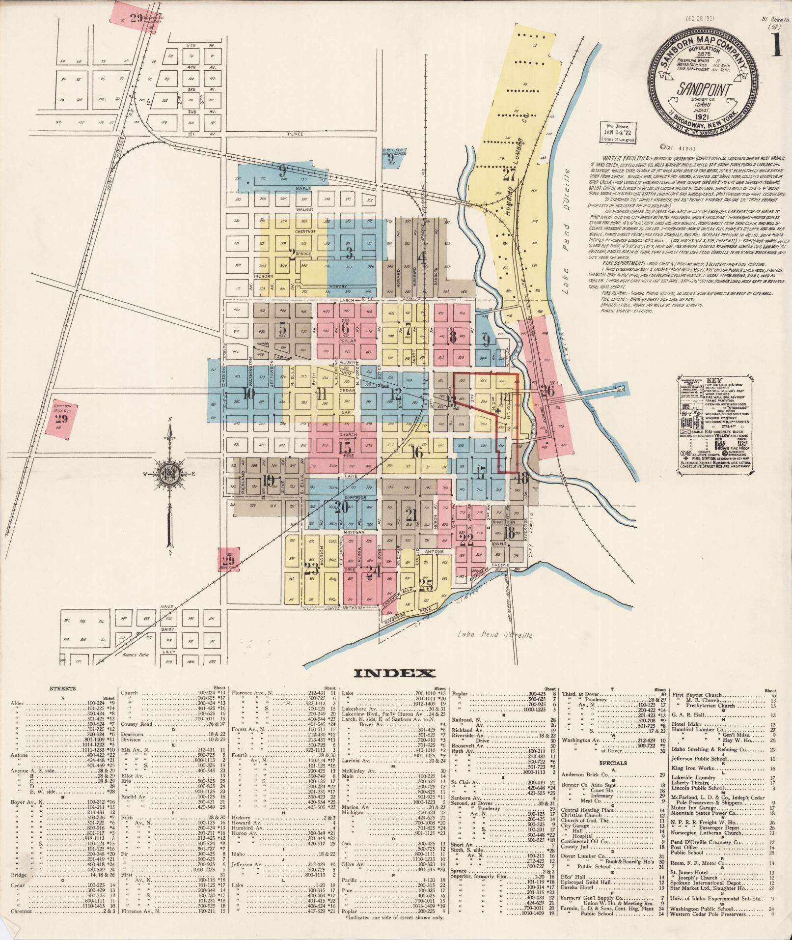 Sanborn Fire Insurance Map from Sandpoint, Bonner County, Idaho (1921), Sheet #0001 - Historic Sanborn Fire Insurance Map Print, vintage old map wall art, antique decor, genealogy gift, Idaho Idaho map