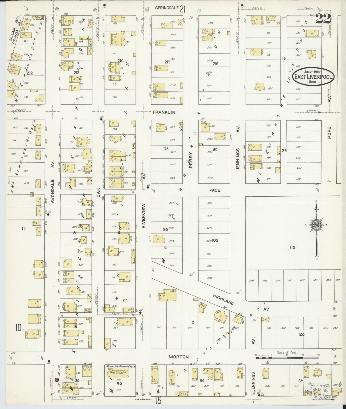 Sanborn Fire Insurance Map from East Liverpool, Columbiana County, Ohio (1913), Sheet #0022 - Historic Sanborn Fire Insurance Map Print, vintage old map wall art, antique decor, genealogy gift, Ohio Ohio map