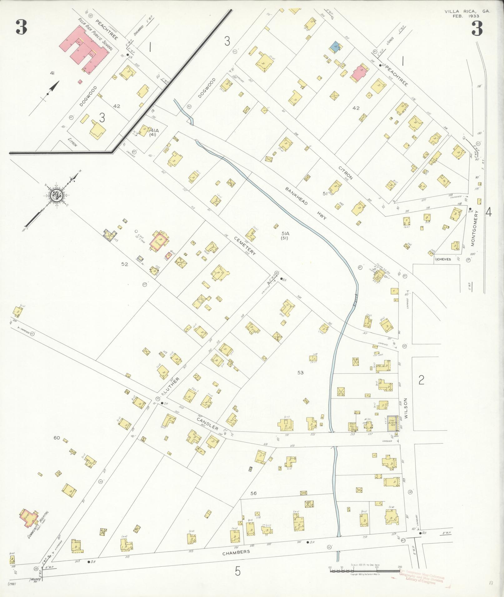 Sanborn Fire Insurance Map from Villa Rica, Carroll County, Georgia (1933), Sheet #0003 - Historic Sanborn Fire Insurance Map Print, vintage old map wall art, antique decor, genealogy gift, Georgia Georgia map