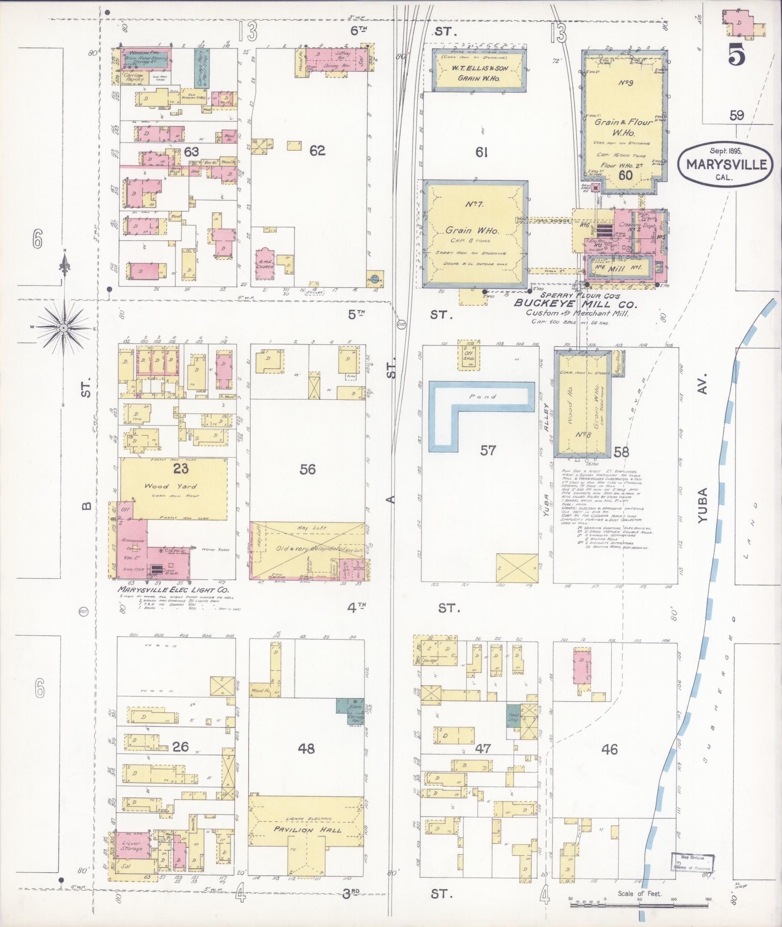Sanborn Fire Insurance Map from Marysville, Yuba County, California (1895), Sheet #0005 - Historic Sanborn Fire Insurance Map Print, vintage old map wall art, antique decor, genealogy gift, California California map