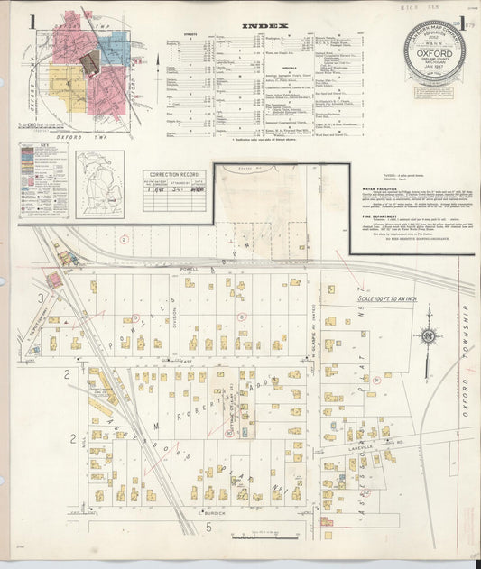 Sanborn Fire Insurance Map from Oxford, Oakland County, Michigan (1945), Sheet #0001 - Historic Sanborn Fire Insurance Map Print, vintage old map wall art, antique decor, genealogy gift, Michigan Michigan map