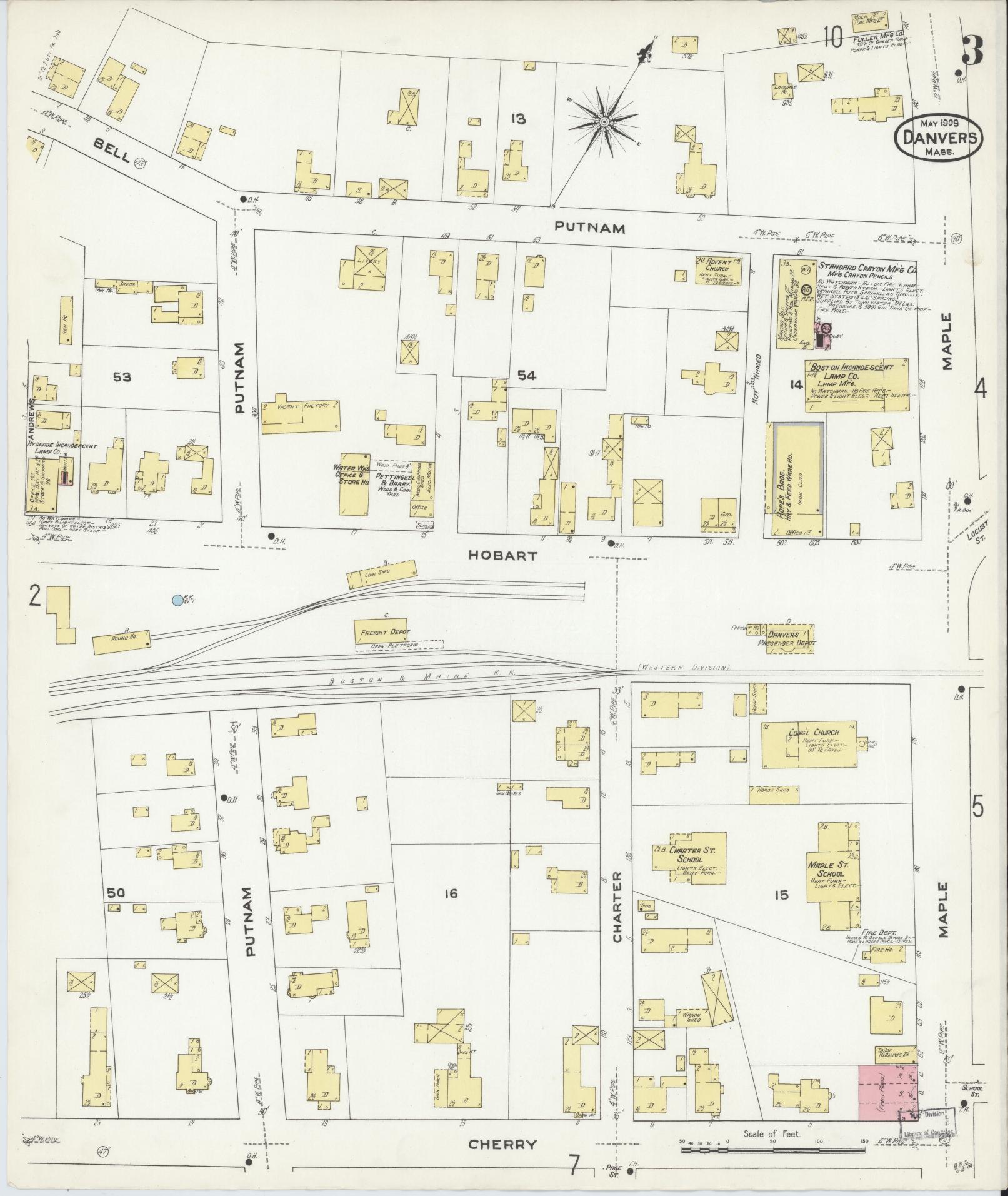Sanborn Fire Insurance Map from Danvers, Essex County, Massachusetts (1909), Sheet #0003 - Historic Sanborn Fire Insurance Map Print, vintage old map wall art, antique decor, genealogy gift, Massachusetts Massachusetts map