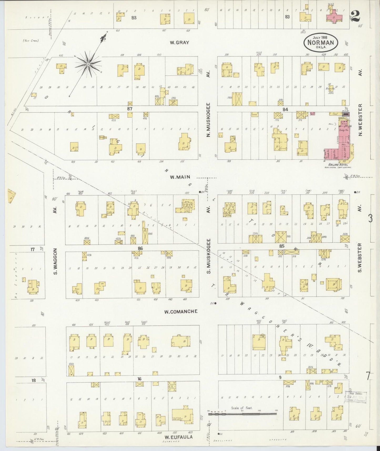 Sanborn Fire Insurance Map from Norman, Cleveland County, Oklahoma (1908), Sheet #0002 - Complete Map Set gallery image, historic Sanborn map, vintage wall art, Oklahoma Oklahoma