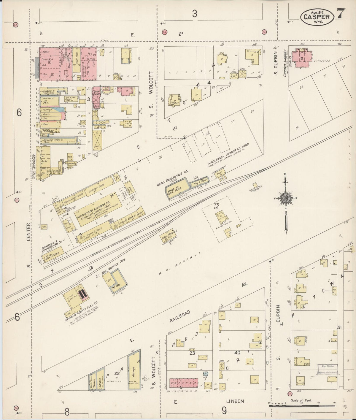 Sanborn Fire Insurance Map from Casper, Natrona County, Wyoming (1912), Sheet #0007 - Historic Sanborn Fire Insurance Map Print, vintage old map wall art, antique decor, genealogy gift, Wyoming Wyoming map