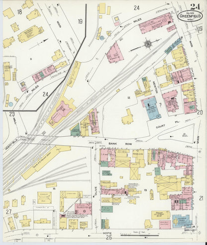 Sanborn Fire Insurance Map from Greenfield, Franklin County, Massachusetts (1909), Sheet #0024 - Historic Sanborn Fire Insurance Map Print, vintage old map wall art, antique decor, genealogy gift, Massachusetts Massachusetts map