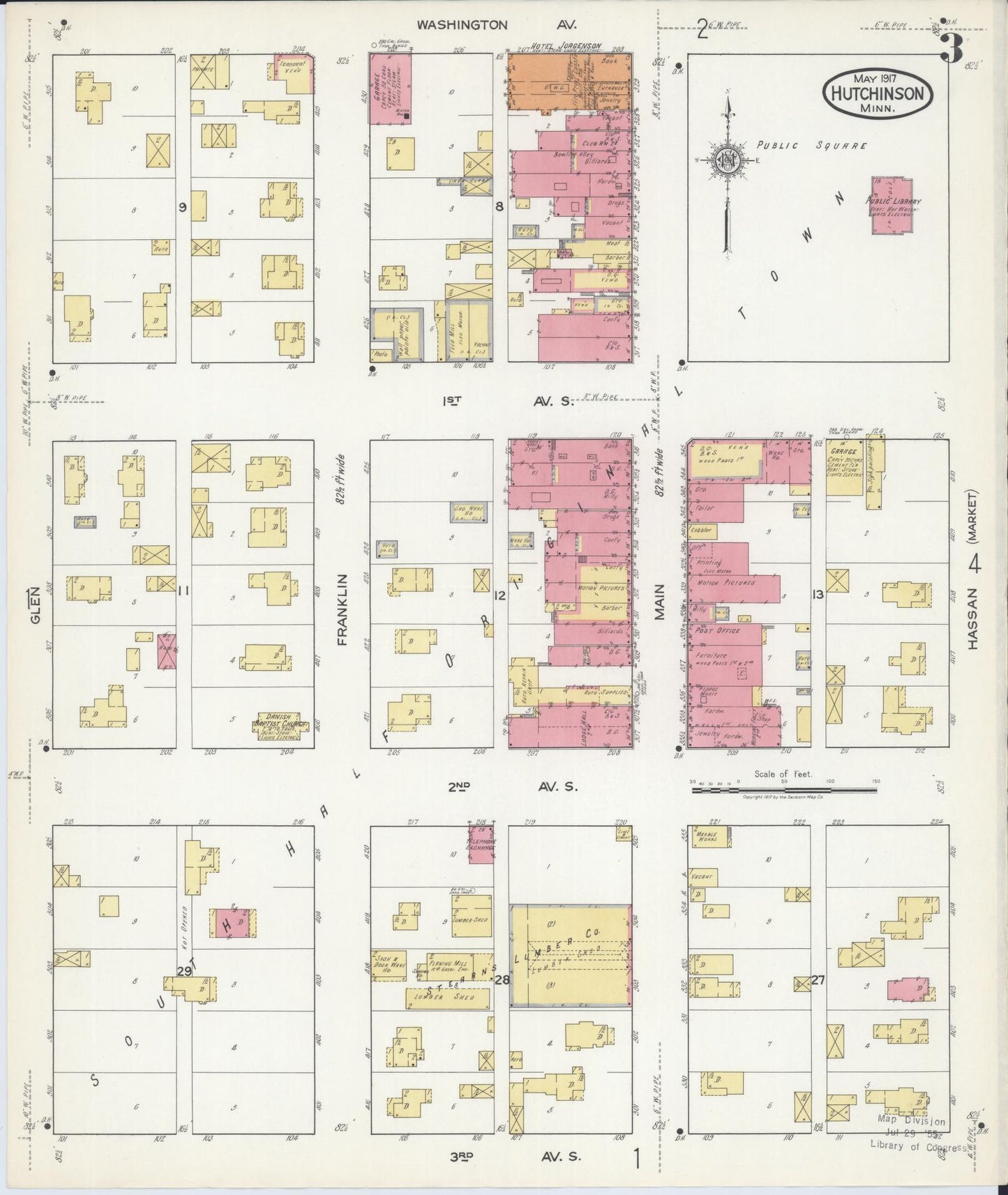 Sanborn Fire Insurance Map from Hutchinson, Mcleod County, Minnesota (1917), Sheet #0003 - Complete Map Set gallery image, historic Sanborn map, vintage wall art, Minnesota Minnesota