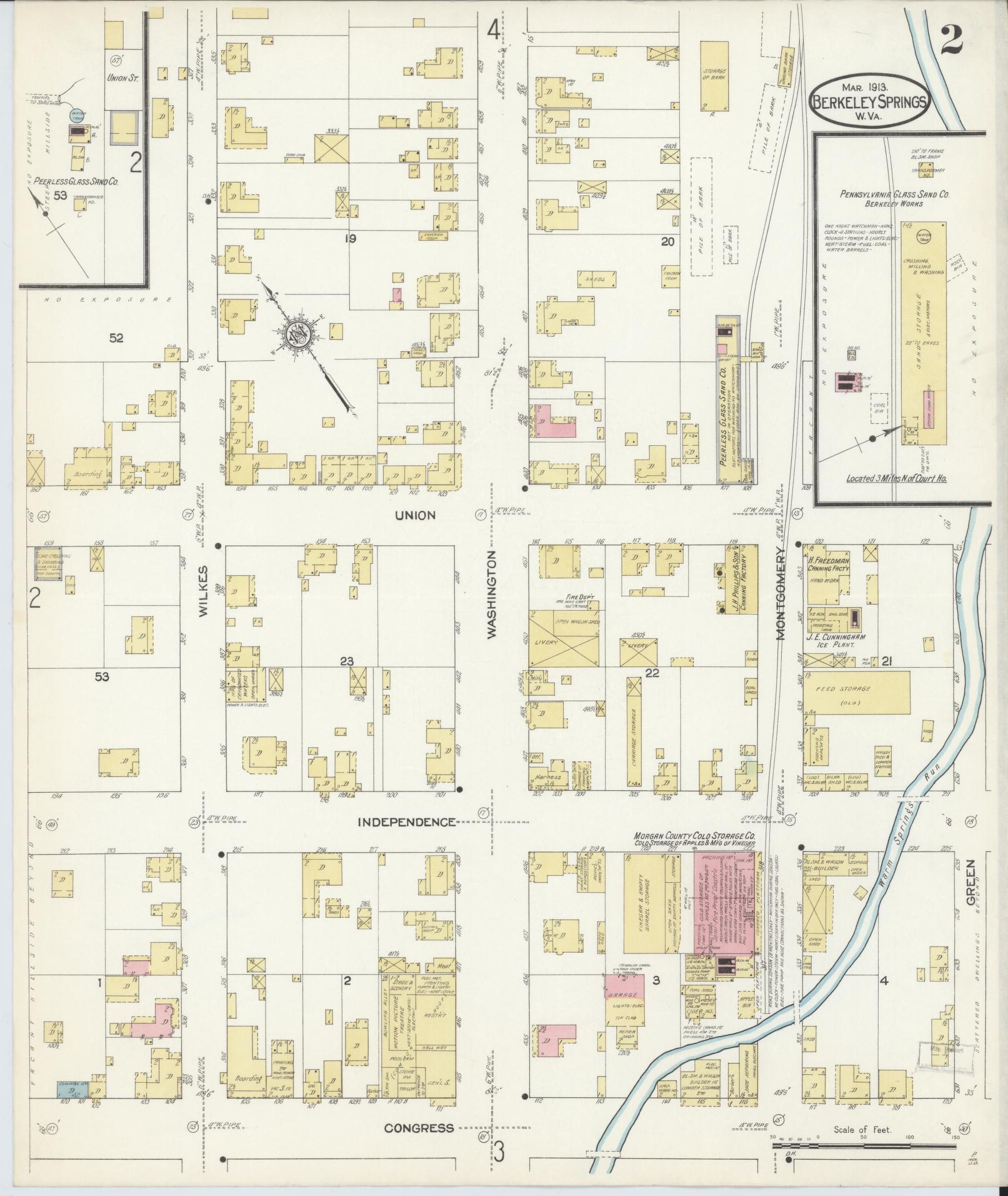 Sanborn Fire Insurance Map from Berkeley Springs, Morgan County, West Virginia (1913), Sheet #0002 - Historic Sanborn Fire Insurance Map Print, vintage old map wall art, antique decor, genealogy gift, West Virginia West Virginia map