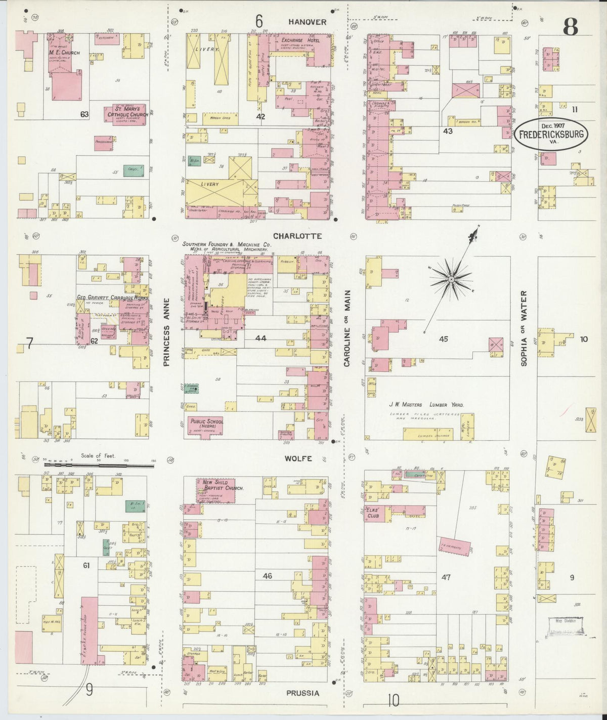 Sanborn Fire Insurance Map from Fredericksburg, Independent Cities, Virginia (1907), Sheet #0008 - Complete Map Set gallery image, historic Sanborn map, vintage wall art, Virginia Virginia