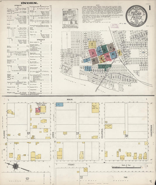Sanborn Fire Insurance Map from Pasco, Franklin County, Washington (1912), Sheet #0001 - Historic Sanborn Fire Insurance Map Print, vintage old map wall art, antique decor, genealogy gift, Washington Washington map