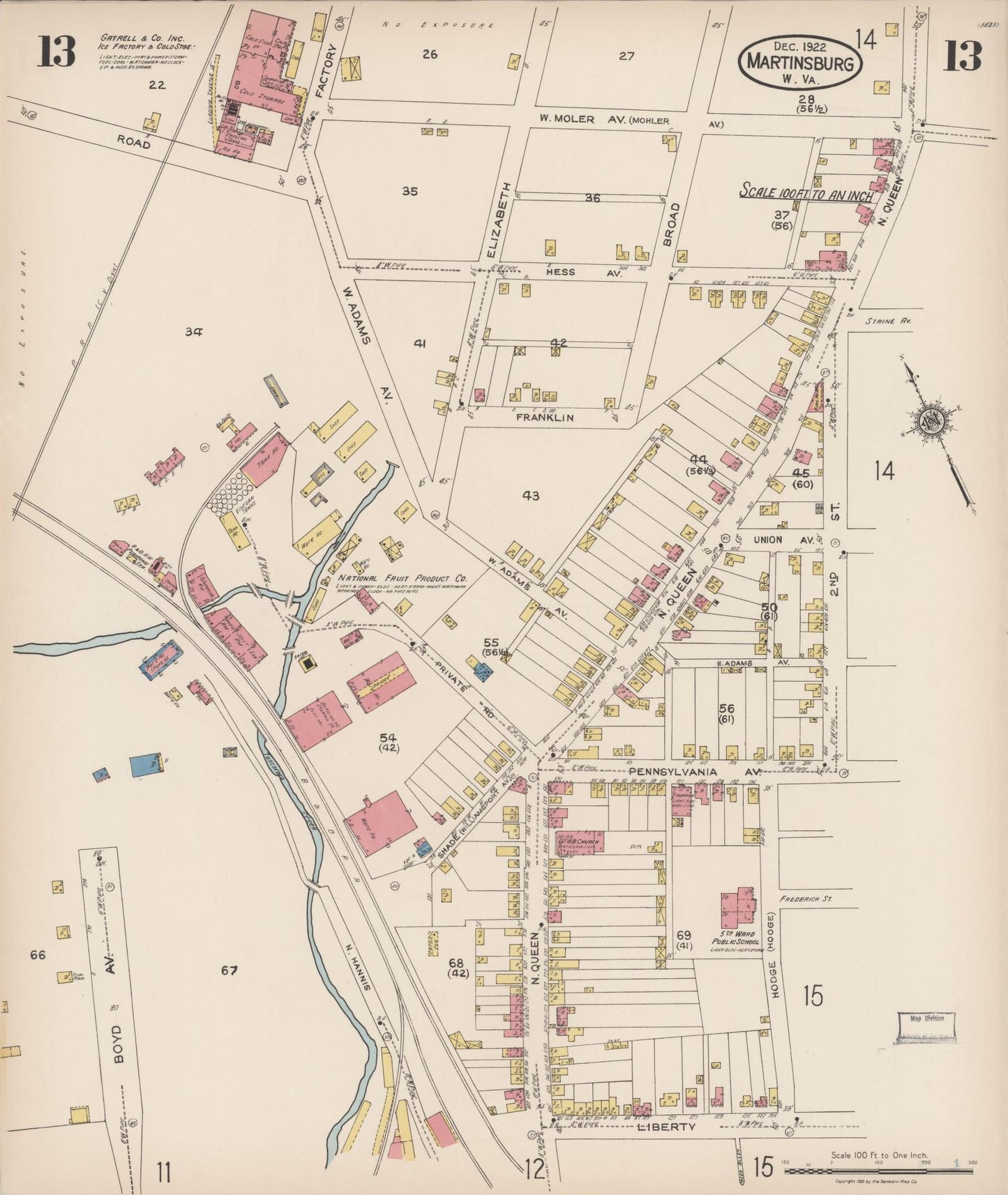 Sanborn Fire Insurance Map from Martinsburg, Berkeley County, West Virginia (1922), Sheet #0013 - Historic Sanborn Fire Insurance Map Print, vintage old map wall art, antique decor, genealogy gift, West Virginia West Virginia map
