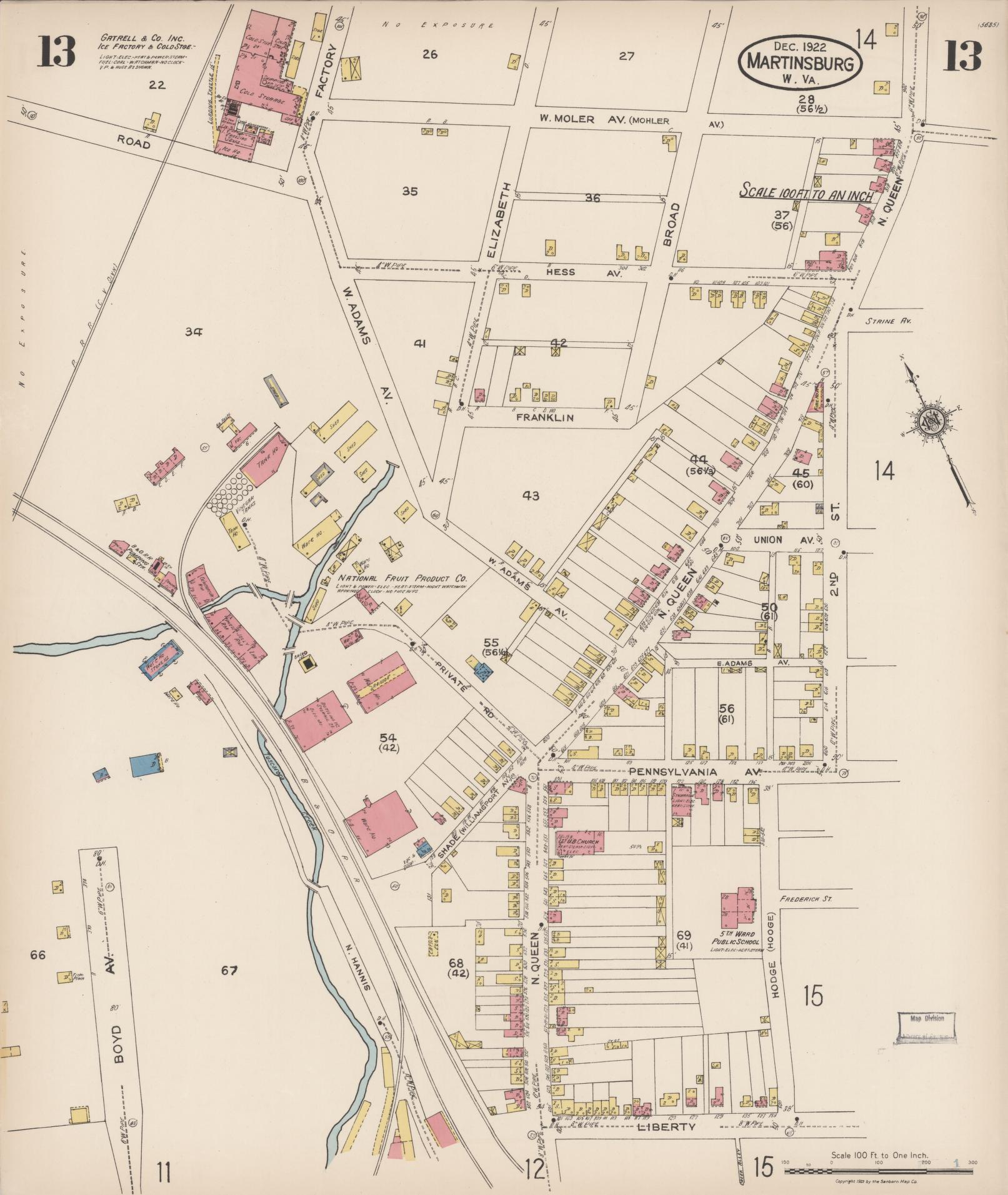 Sanborn Fire Insurance Map from Martinsburg, Berkeley County, West Virginia (1922), Sheet #0013 - Historic Sanborn Fire Insurance Map Print, vintage old map wall art, antique decor, genealogy gift, West Virginia West Virginia map