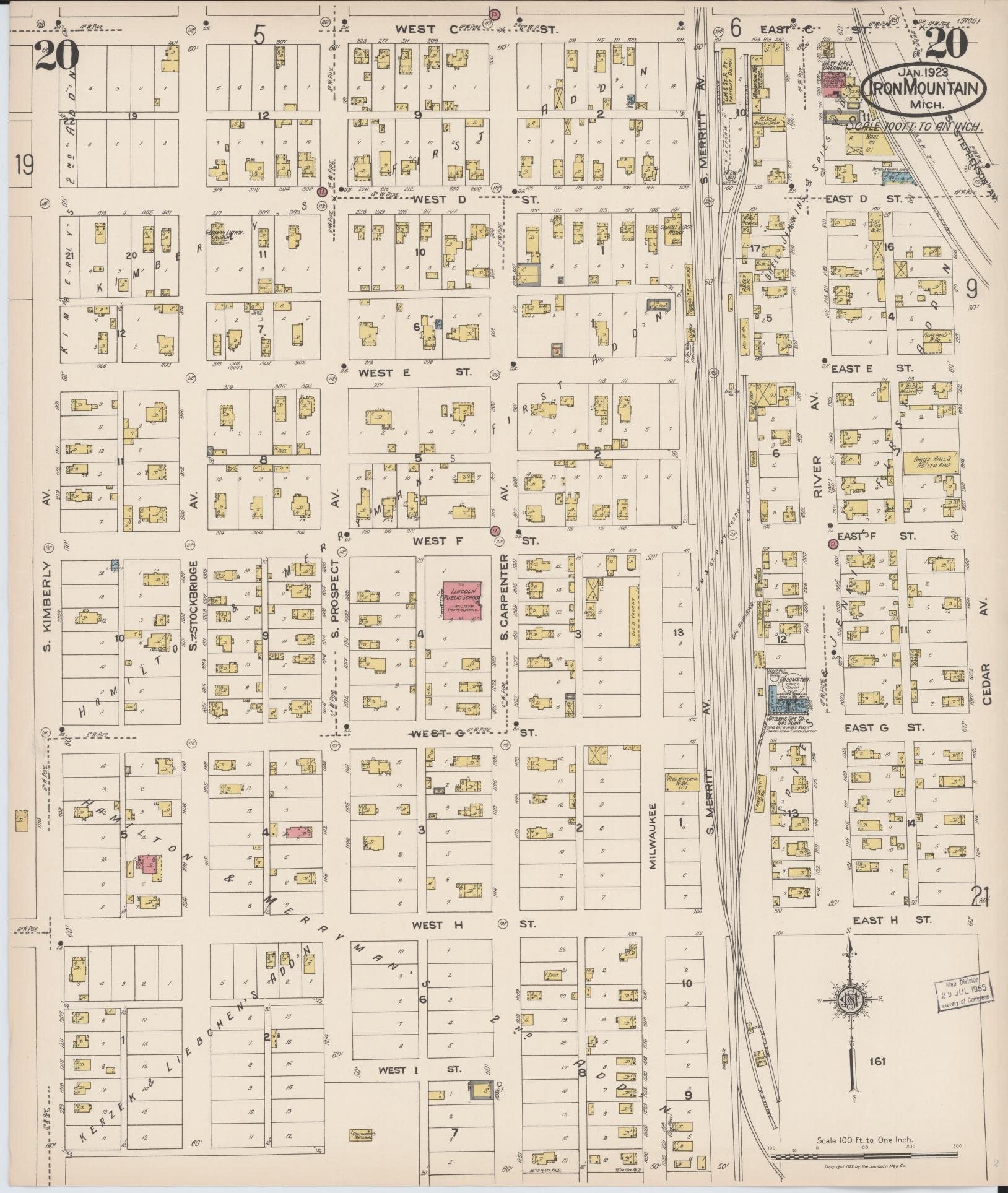 Sanborn Fire Insurance Map from Iron Mountain, Dickinson County, Michigan (1923), Sheet #0020 - Complete Map Set gallery image, historic Sanborn map, vintage wall art, Michigan Michigan