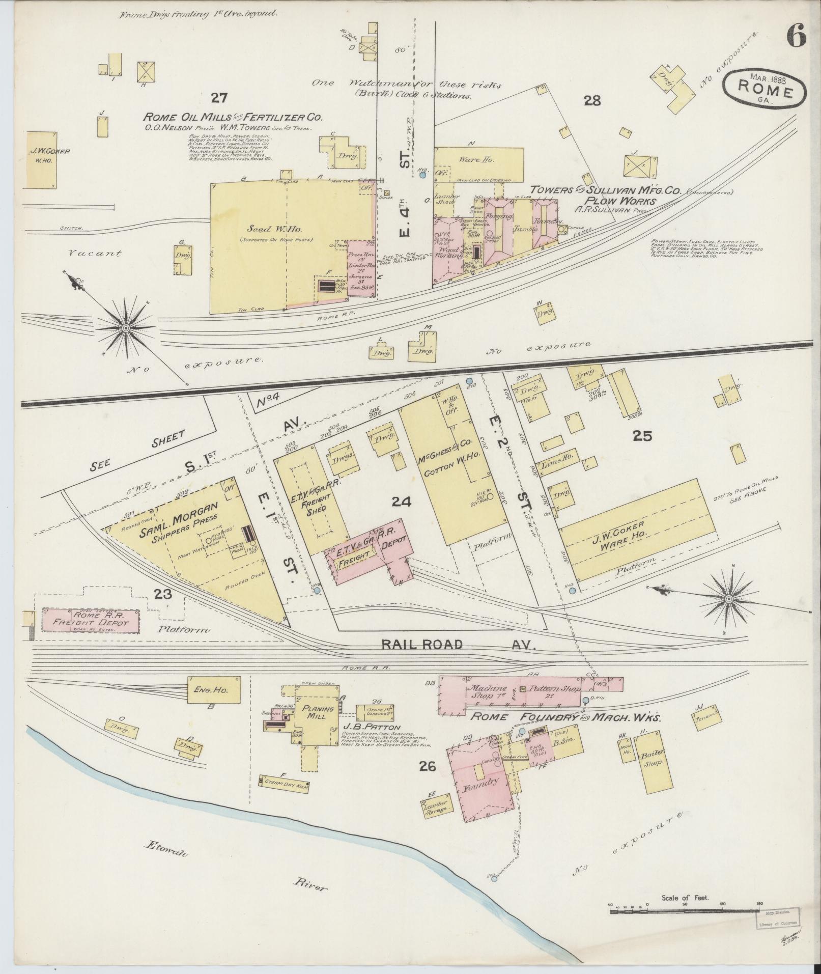 Sanborn Fire Insurance Map from Rome, Floyd County, Georgia (1888), Sheet #0006 - Historic Sanborn Fire Insurance Map Print, vintage old map wall art, antique decor, genealogy gift, Georgia Georgia map