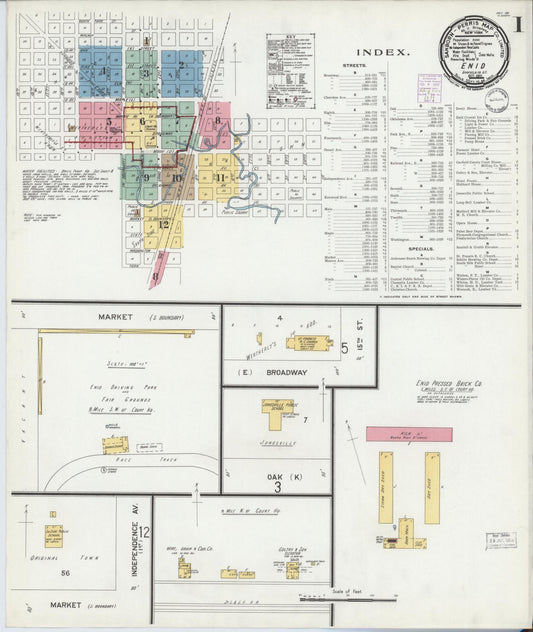 Sanborn Fire Insurance Map from Enid, Garfield County, Oklahoma (1901), Sheet #0001 - Historic Sanborn Fire Insurance Map Print, vintage old map wall art, antique decor, genealogy gift, Oklahoma Oklahoma map