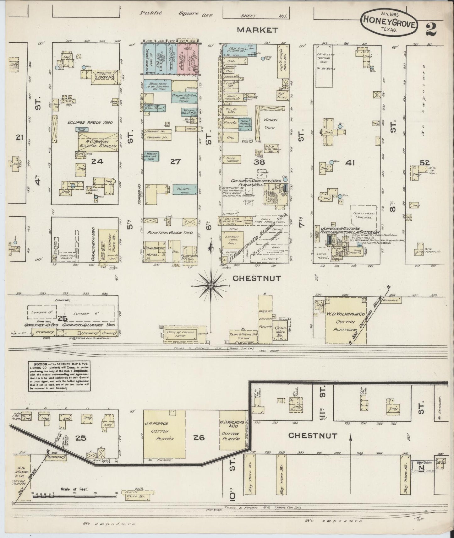 Sanborn Fire Insurance Map from Honey Grove, Fannin County, Texas (1885), Sheet #0002 - Complete Map Set gallery image, historic Sanborn map, vintage wall art, Texas Texas