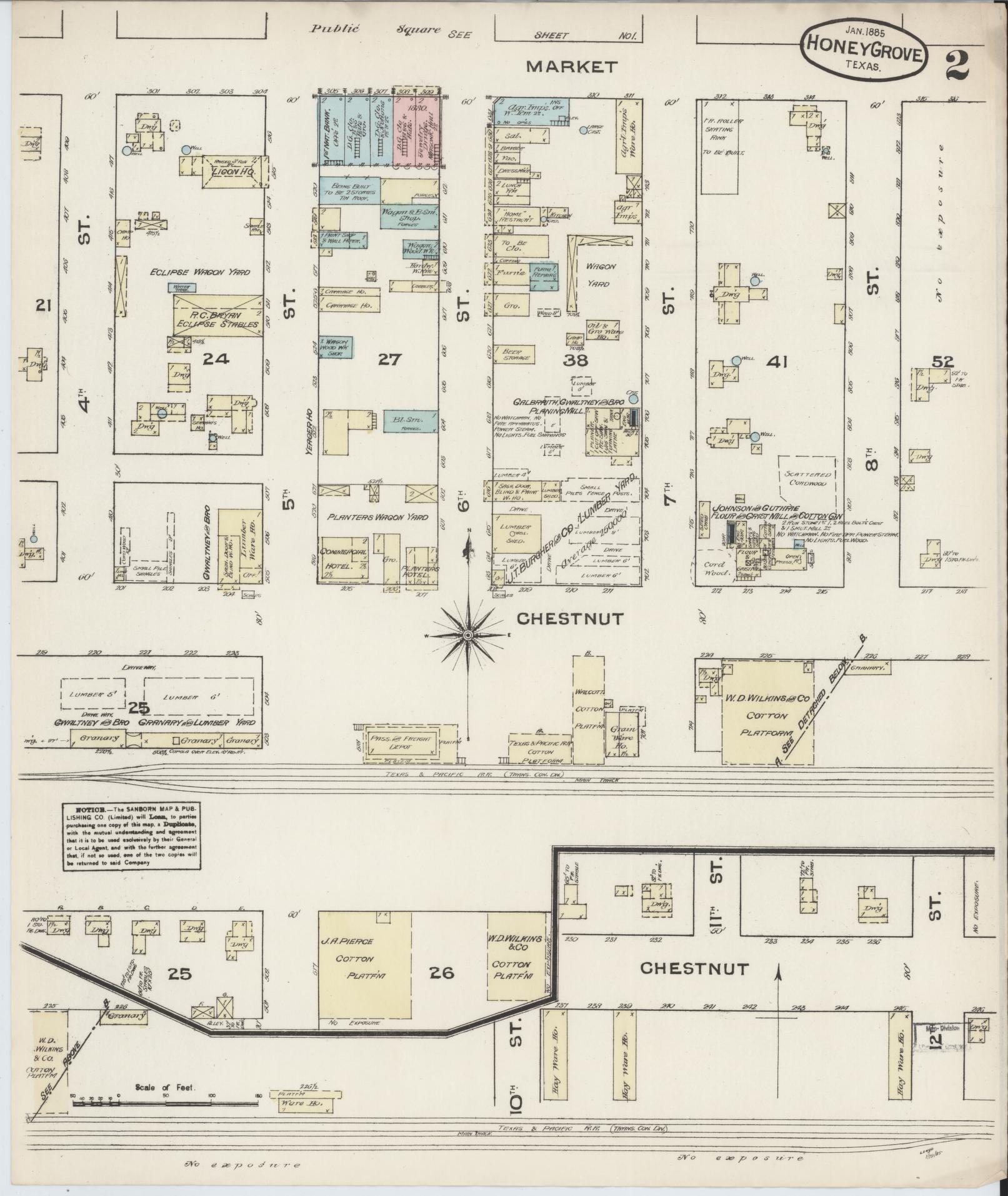 Sanborn Fire Insurance Map from Honey Grove, Fannin County, Texas (1885), Sheet #0002 - Complete Map Set gallery image, historic Sanborn map, vintage wall art, Texas Texas