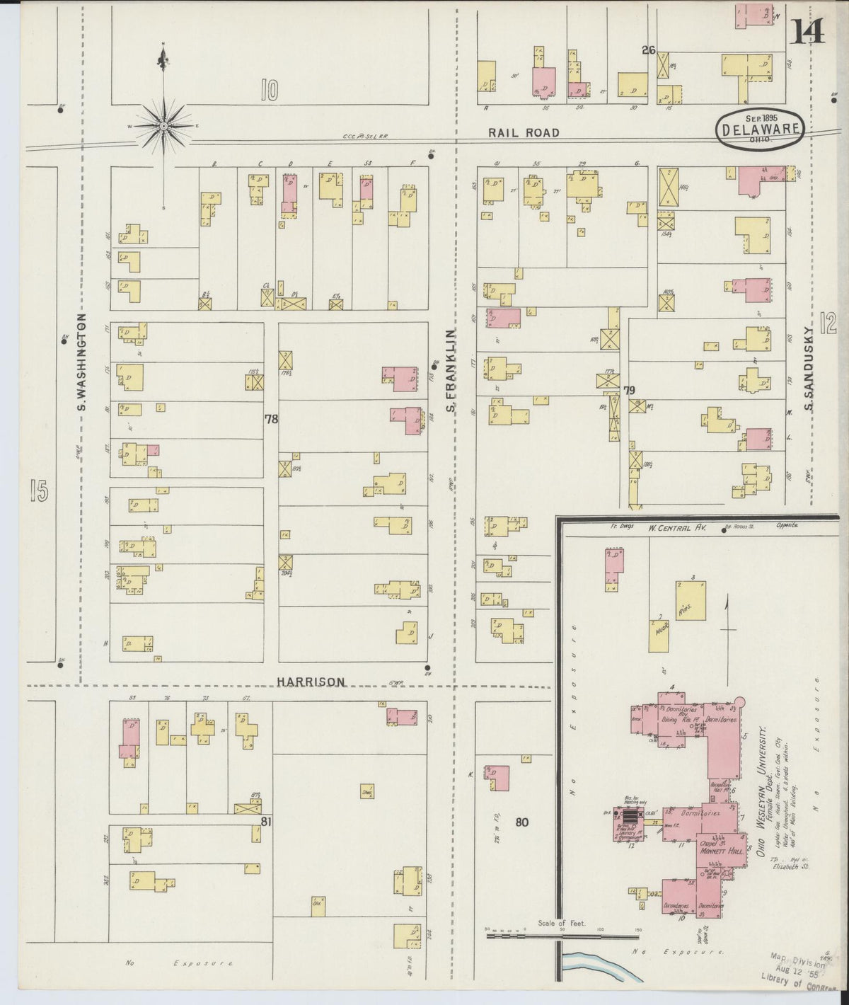 Sanborn Fire Insurance Map from Delaware, Delaware County, Ohio (1895), Sheet #0014 - Historic Sanborn Fire Insurance Map Print, vintage old map wall art, antique decor, genealogy gift, Sanborn Fire Insurance Map from Delaware Delaware map