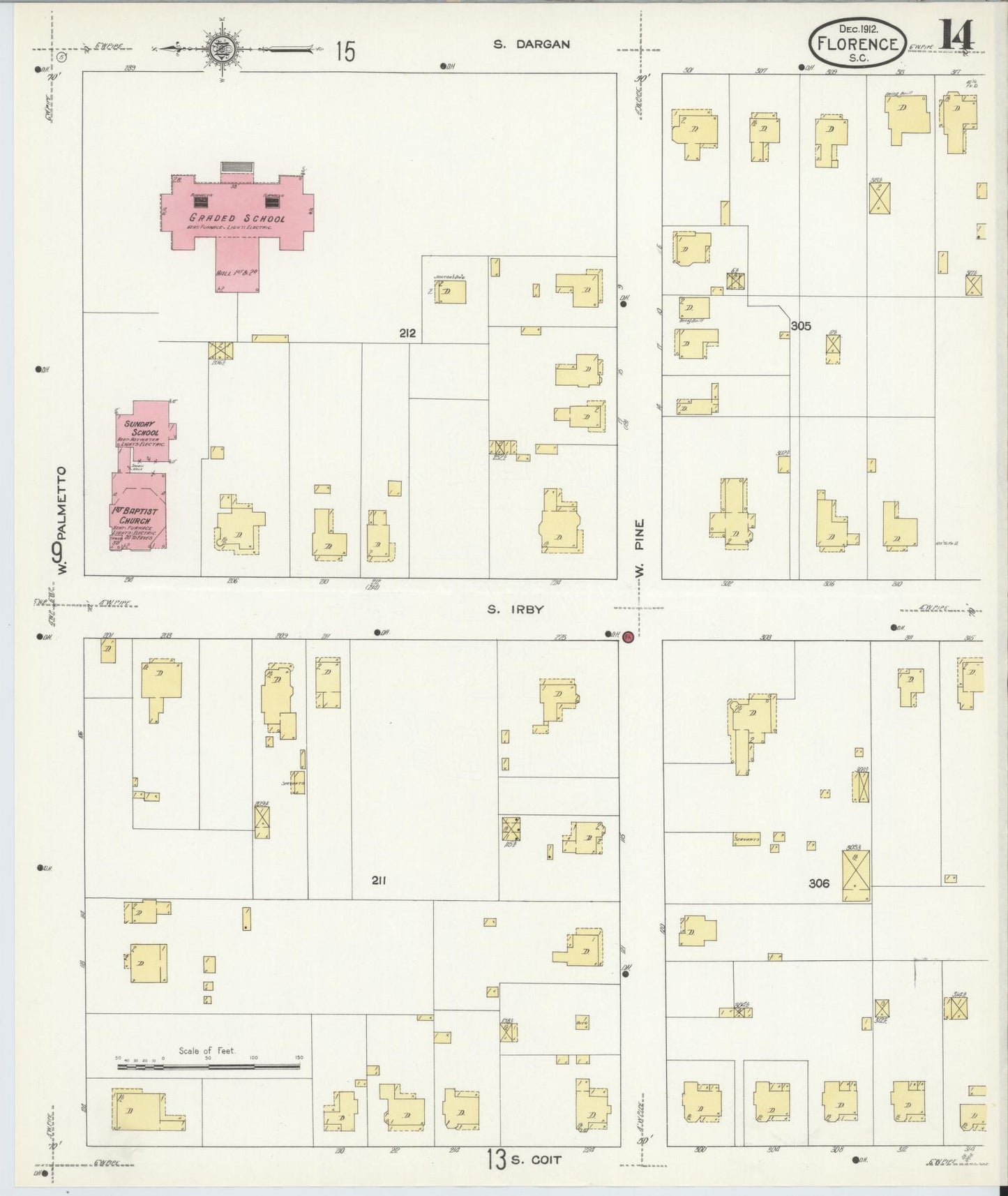 Sanborn Fire Insurance Map from Florence, Florence County, South Carolina (1912), Sheet #0014 - Historic Sanborn Fire Insurance Map Print, vintage old map wall art, antique decor, genealogy gift, South Carolina South Carolina map